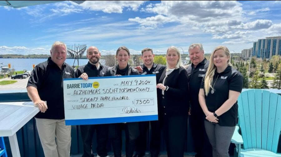 The generosity of our readers and community partners helped us to raise $7,300 for the Alzheimer Society Simcoe County. Pictured L-R: Stuart Snelgrove, Gary Assis, Ann-Marie Kungl (Alzheimer Society), John Hammill, Kim Black, Rick Gordon and Nicole Parkes