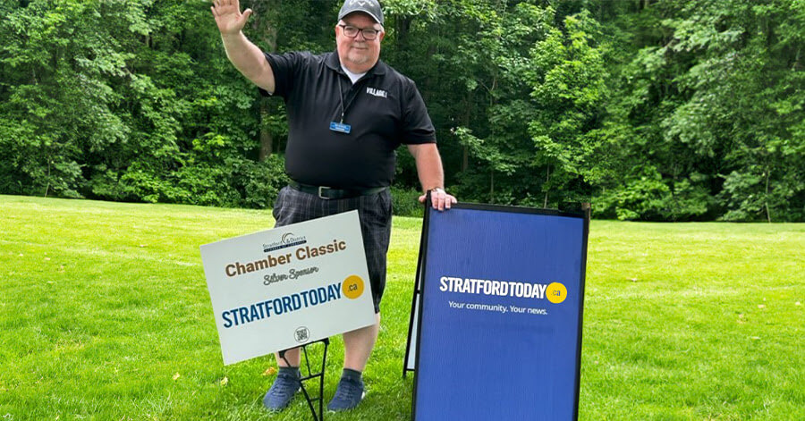 Village Media’s Mac Sinclair strikes a pose at the Stratford Chamber Classic, sponsored by StratfordToday.