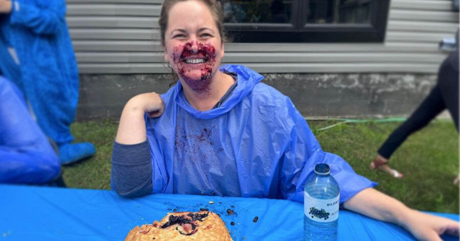 Jenny Lamothe eating blueberry pie at the Sudbury Blueberry Festival