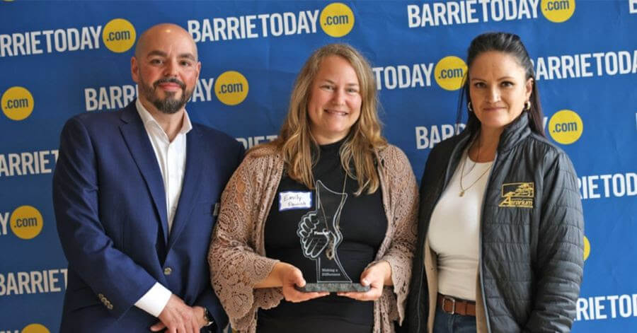 BarrieToday’s Gary Assis (left), Economic Development award winner Emily Day from Fleurish (middle) and award sponsor Yani Garcia from Aerarium Group (right) attend the third annual BarrieToday Community Builders Awards reception at Barrie Country Club