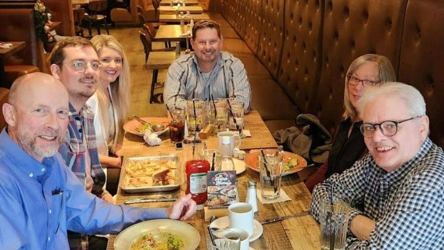 Niagara region teams celebrate the holidays with a lunch together. From L-R David Burket, Bernard Lansbergen, Lindsay Zdichavsky, John Hammill, Penny Coles and Richard Hutton.