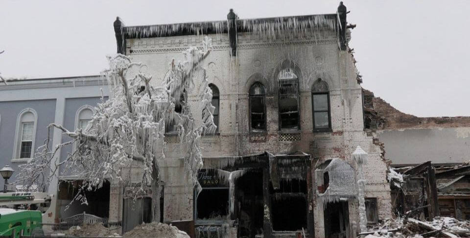 Workers continue the demolition of the landmark building at the corner of Mississaga and Peter streets in the wake of a destructive fire in Orillia | Connor Earl Photo